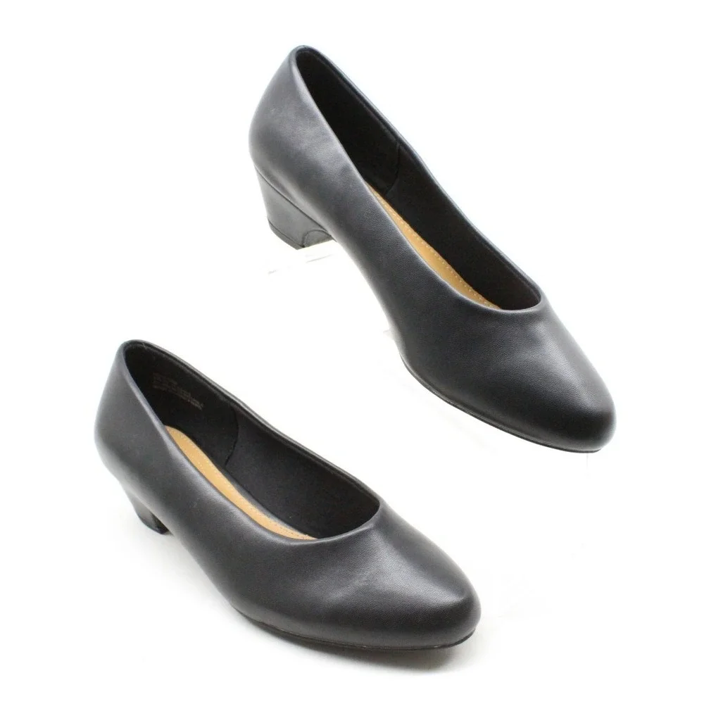 Comfortview Women's Vida Pumps 8.5W Black Faux Leather Slip On Low Heel Shoes‎
